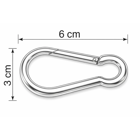 Wymiary karabińczyka do podwieszeń UGUL/PUR – wysokość ok. 6 cm, szerokość ok. 3 cm