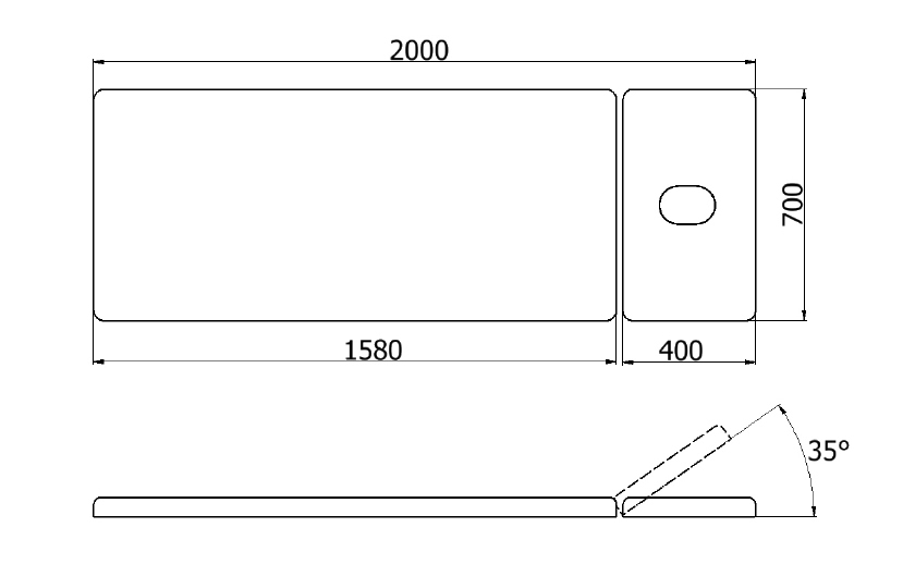 Rysunek techniczny kozetki drewnianej RELAX – wymiary 200×70 cm, regulacja zagłówka 0–35°, udźwig 200 kg.
