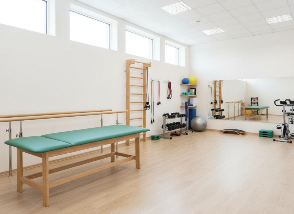 Leżanka drewniana Relax Max (mini) w gabinecie rehabilitacyjnym — ujęcie ogólne