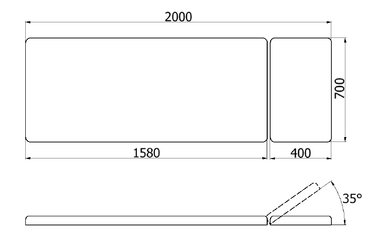 Rysunek techniczny leżanki Relax Max (mini): 200×70×76 cm, zagłówek 0–35°