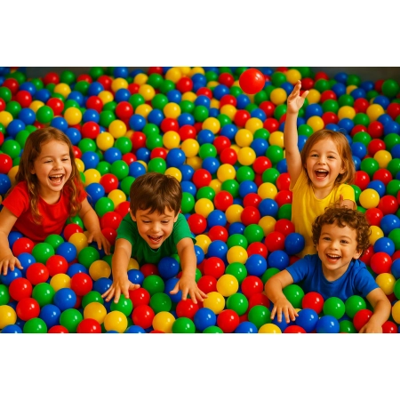 Dzieci w suchym basenie z piłeczkami podczas zabawy i aktywności sensorycznej