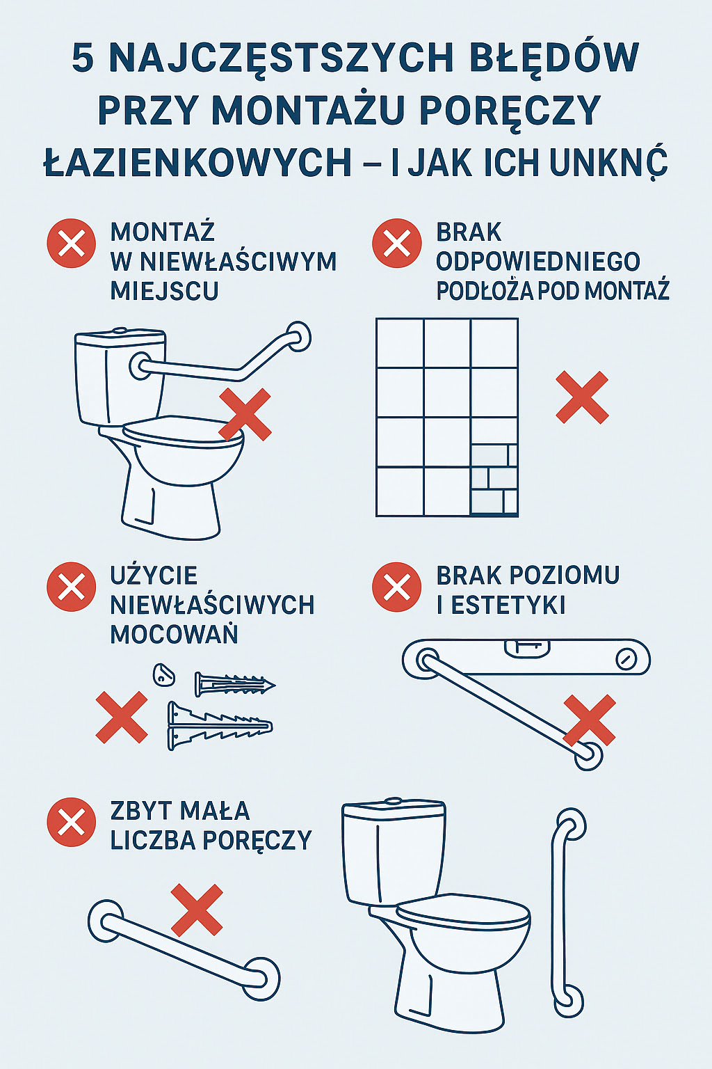 Infografika przedstawiająca 5 najczęstszych błędów przy montażu poręczy łazienkowych