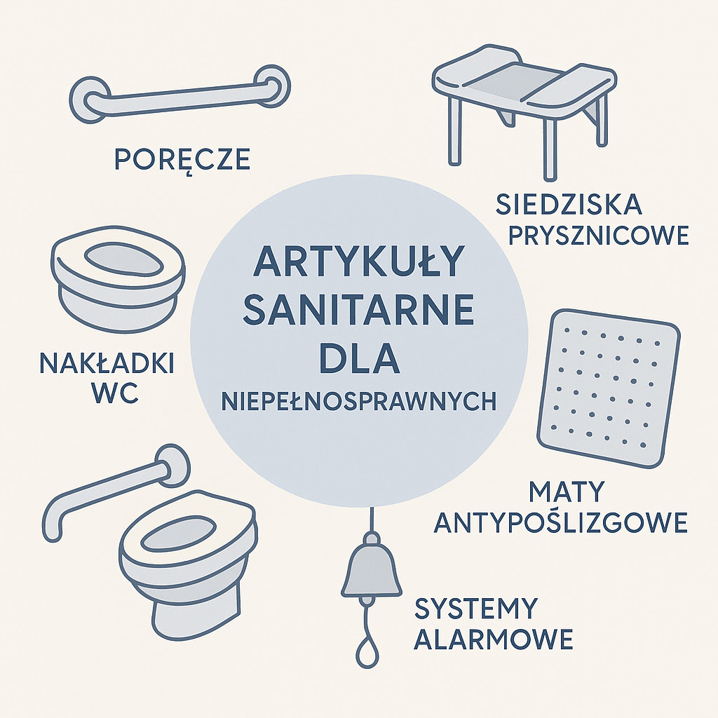Grafika przedstawiająca niezbędne wyposażenie toalety dla niepełnosprawnych