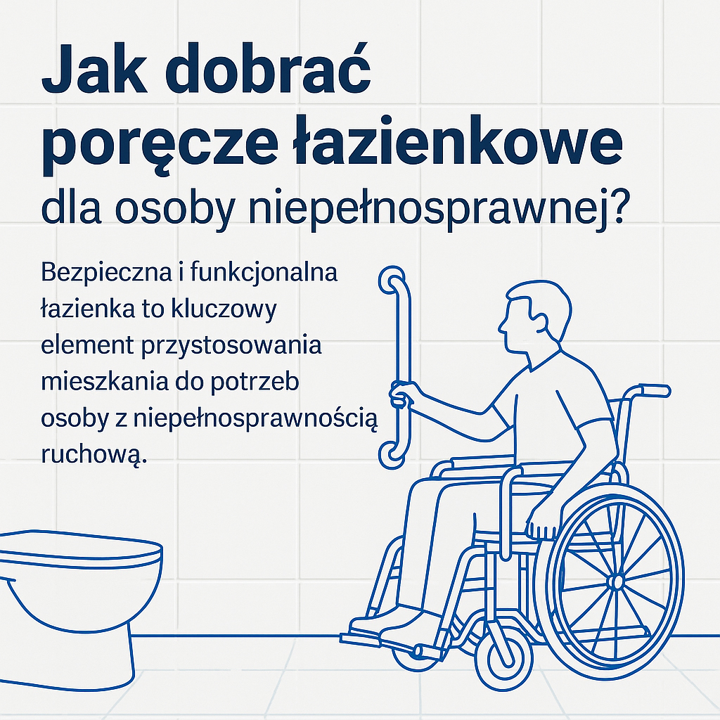 Ilustracja przedstawiająca osobę na wózku inwalidzkim korzystającą z poręczy łazienkowej obok toalety, z tekstem informującym o znaczeniu funkcjonalnej łazienki dla osób z niepełnosprawnością ruchową.