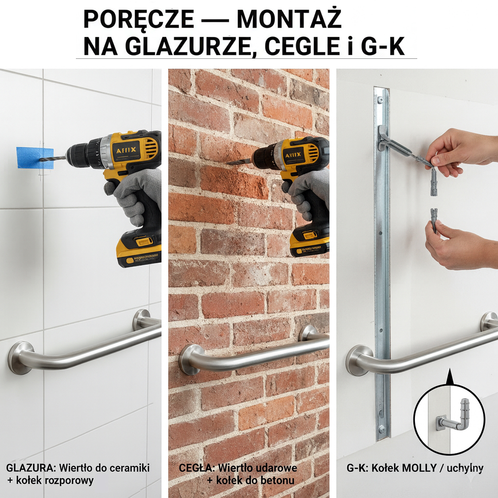 Wiercenie w płytkach przy montażu poręczy łazienkowej