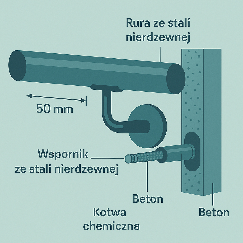 schemat montażu uchwytu poręczy ze stali nierdzewnej na kotwie chemicznej M10, odstęp 50 mm