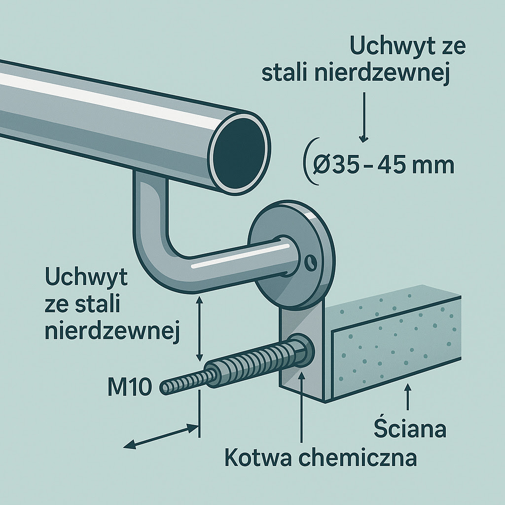 schemat montażu uchwytu poręczy ze stali nierdzewnej 
