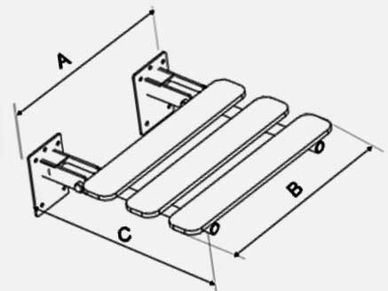 Rysunek techniczny krzesła prysznicowego KPU-2 INOX z rurą Ø25mm i wymiarami A 480mm, B 400mm, C 400mm