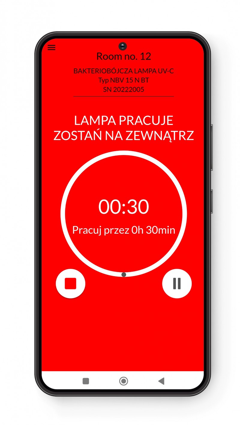 Widok NBV App informujący, że cykl UV C jest aktywny i należy pozostać poza pomieszczeniem do zakończenia pracy.