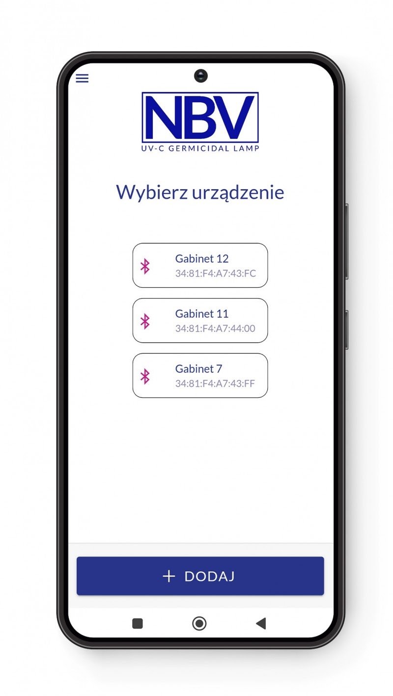 Ekran aplikacji NBV App do wyboru lampy bakteriobójczej UV C przez Bluetooth.