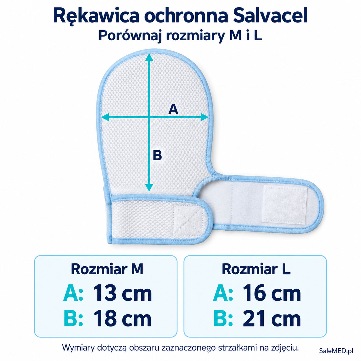 Rękawica ochronna Salvacel – porównanie wymiarów: M – A 13 cm, B 18 cm; L – A 16 cm, B 21 cm