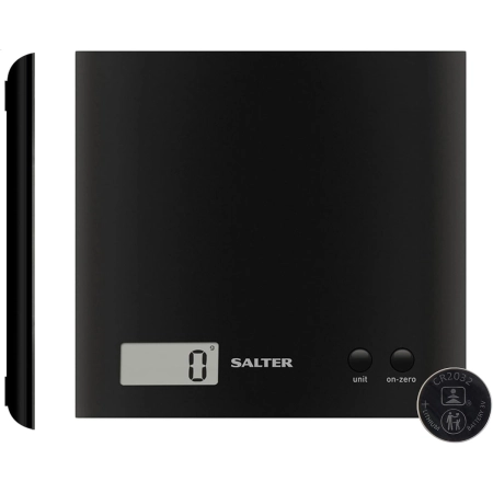 Waga kuchenna Salter Arc 1066 BKDR15 – widok z góry, profil i bateria CR2032