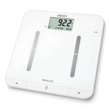 Biała waga łazienkowa HoMedics MiBody 360 z wyświetlaczem LCD i elektrodami – widok produktu