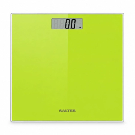 Waga osobowa Salter 9037 GN3R w kolorze limonkowym, widok z góry na platformę i ekran LCD