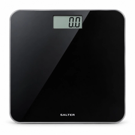 Czarna elektroniczna waga łazienkowa Salter 9038 z wyświetlaczem LCD – widok z góry