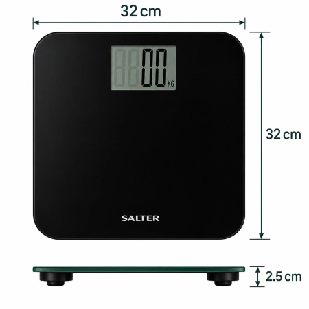 Wymiary wagi Salter 9049 BK3R – szklana platforma 32x32 cm i wysokość 2,5 cm
