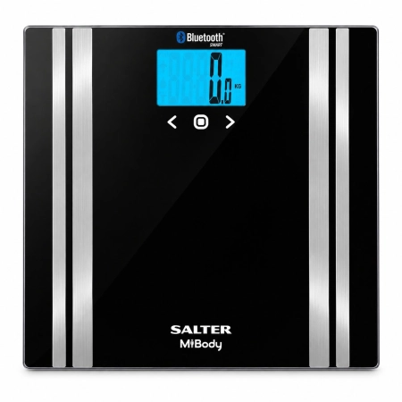 Czarna waga łazienkowa Salter MiBody 9159 BK3R z ekranem LCD i metalowymi elektrodami
